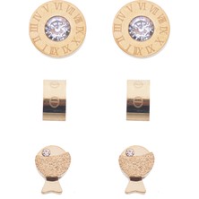 Modamugo Çelik Üçlü Küpe Zirkon Taşlı Roma Rakamlı Rondela Balıklı - Gold