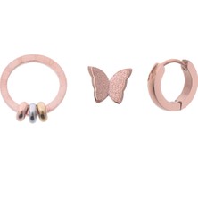 Modamugo Çelik Üçlü Halkalı Kelebekli Küpe - Rose