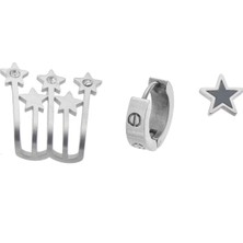 Modamugo Çelik Üçlü Küpe Yıldızlı Rondela - Rodyum