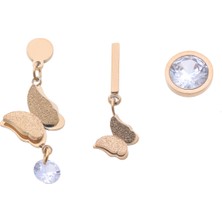 Modamugo Çelik Üçlü Kelebekli Zirkon Taşlı Küpe - Gold