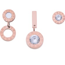 Modamugo Çelik Üçlü Roma Rakamlı Rondela Zirkon Taşlı Küpe - Rose