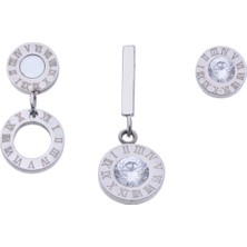 Modamugo Çelik Üçlü Roma Rakamlı Rondela Zirkon Taşlı Küpe - Rodyum