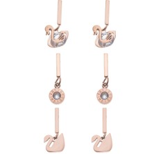 Modamugo Çelik Üçlü Zirkon Taşlı Kuğulu Roma Rakamlı Rondela Küpe - Rose