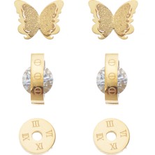 Modamugo Çelik Üçlü Kelebekli Roma Rakamlı Rondela Zirkon Taşlı Küpe - Gold