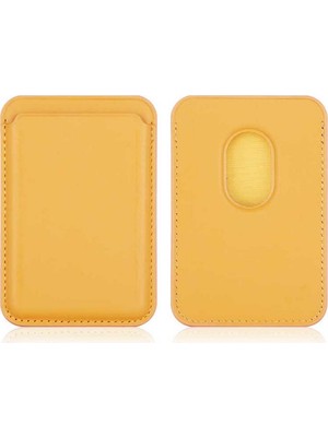 Case 4U Apple iPhone 12 / 13 / 14 / 15 / 16 Serisi ile Uyumlu Deri Cüzdan MagSafe Telefon Arkası Kartlık Sarı