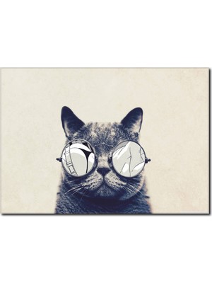 La Vita E Bella Gözlüklü Kedi Siyah Beyaz Tablo SB-1009