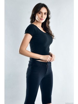 Cotton Mood 20021671 Kaşkorse U Yaka Kısa Kol Bluz Siyah