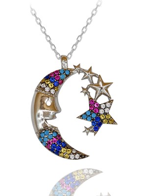 Renkli Taşlı Ay Dede Gümüş Kolye