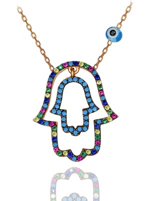 Renkli Taşlı Nazar Boncuklu Fatma Eli Gümüş Kolye