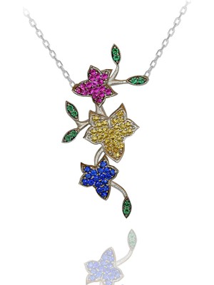 Renkli Taşlı Sarmaşıklı Çiçek Gümüş Kolye