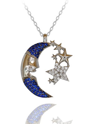 Safir Beyaz Taşlı Ay Dede Gümüş Kolye