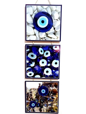 Mixperi Nazar Boncuk ve Dilek Ağacı Resimli Ahşap Üçlü Duvar Süsü