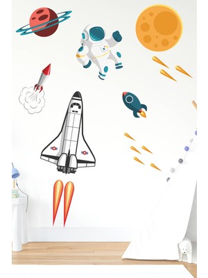 Msticker Sevimli Astronot, Uzay Mekiği, Gezegen Sticker Seti Çocuk Bebek Odası