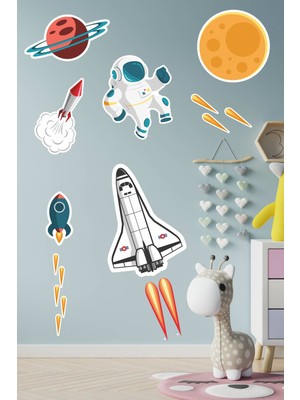 Msticker Sevimli Astronot, Uzay Mekiği, Gezegen Sticker Seti Çocuk Bebek Odası