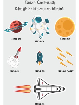 Msticker Sevimli Astronot, Uzay Mekiği, Gezegen Sticker Seti Çocuk Bebek Odası