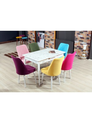 My Massa Mymassa - Torino Carrara Mdf Mutfak Masası + 6 Soho Polo Sandalye Takımı - Ahşap Beyaz Ayak