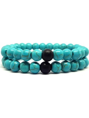 Kusakli Tekli Oniks Turkuaz Kadın Ikili Bileklik Set