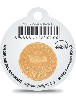 Nadir Gold 22 Ayar Külçe Gram Altın 1 Gr. (Yuvarlak)