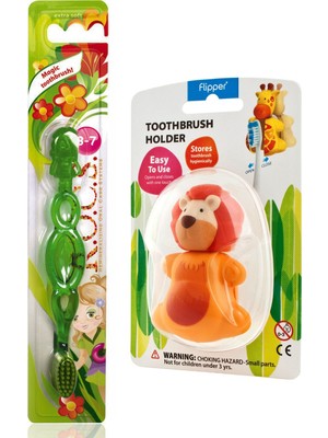 R.O.C.S. 3-7 Yaş Diş Fırçası Yeşil ve Flipper Aslan Figürlü Diş Fırçası Kabı