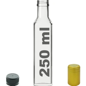 250 cc Şeffaf Maraska Kilitli Kapaklı ve Kapüşonlu 250 ml Köşeli Cam Şişe 1 Adet