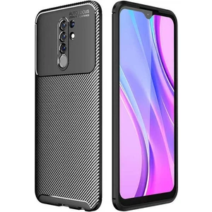 Case 4U Xiaomi Redmi 9 Kılıf Rugged Armor Karbon Desenli Lüx Negro Silikon Arka Kapak Siyah