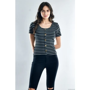 Cotton Mood 20021533 Kaşkorse Önü Düğmeli Kısa Kol Bluz Siyah Beyaz