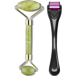 Dermaroller 0,5 mm 540 Iğneli Cilt Yenileme Aleti + Jade Roller 2'li Yeşim Taşı Masaj Aleti