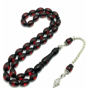 Midyat Nurtaş Gümüş Metal Püsküllü Siyah Kırmızı Sürmeli Toz Kehribar Tesbih