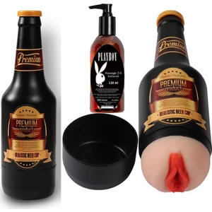 Bira Şişesi Kutulu Vajina Mastürbatör ve Playboy Masaj Yağı