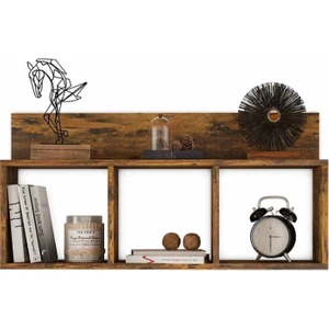 Duvar Üç Bölmeli Rustik Ahşap Raf Kitaplık