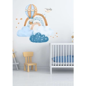 Sevimli Bulutlar Gökkuşağı ve Uçan Balon Mavi Çocuk Odası Sticker