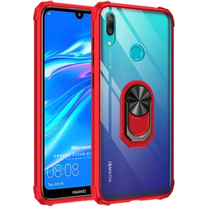 Huawei Y7 2019 Kılıf Grande Clear Ring Holder Kırmızı