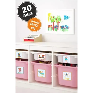 Eğlenceli Büyük Renkli Oyuncak Kutusu Sticker-Organizer Etiket-Renkli Baskılı 20 Parça