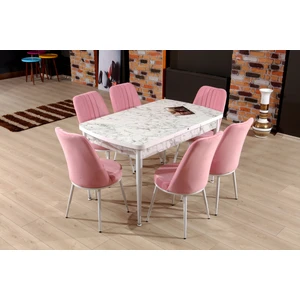 My Massa Mymassa - Elit Trend Carrara  Mutfak Masası + 6  Gold Sandalye Takımı - Beyaz Metal Ayak - Pembe