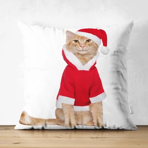 Yılbaşı Kıyafetli Kedi Desenli Çift Taraflı Dijital Baskılı Süet Yastık Kılıfı