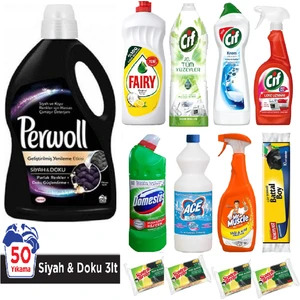 3 Lt + Cif Tüm Yüzeyler 1500 ml + Cif 675 ml + Fairy 1350 ml + Cif 1000 ml + Domestos 806 gr + Ace 1 Lt + Mr Muscle 750 ml + Koroplast Çöp Torbası Battal Boy + Bulaşık Süngeri 4 x 2'li