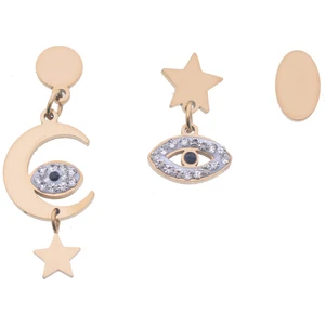 Çelik Üçlü Ayyıldızlı Nazar Gözlü Zirkon Taşlı Küpe - Rose
