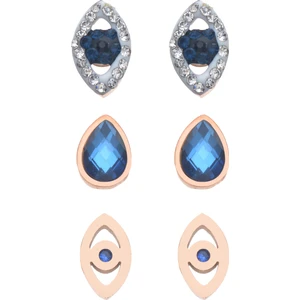 Çelik Üçlü Nazar Gözlü Damla Taşlı Küpe - Rose