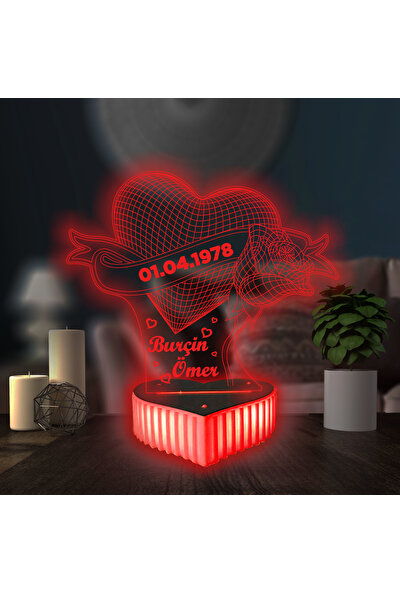 3D Hediye Dünyası Isimli Gece Lambası Güllü Kalpli Doğum Günü Hediyesi 16 Renkli Kumandalı