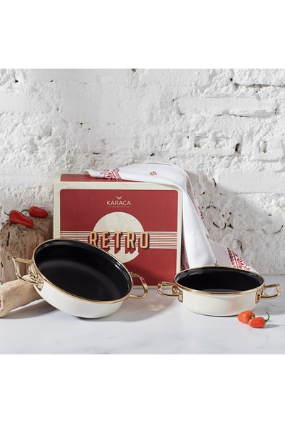 Karaca Retro Emaye 2li Krem Sahan Set