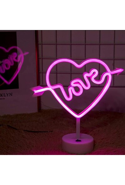 Bahraman Kalpli Love Yazılı Dekoratif Neon Pilli LED Masa ve Gece Lambası