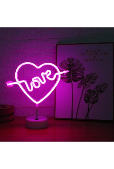 Bahraman Kalpli Love Yazılı Dekoratif Neon Pilli LED Masa ve Gece Lambası
