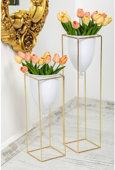 MHK Collection Altın Renkli 2'li Büyük Ayaklı Vazo, Çiçeklik