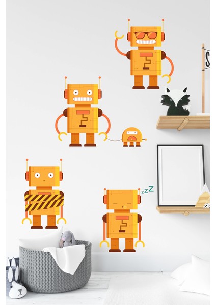 Turuncu Robot Adamlar Sticker Seti-Çocuk Bebek Odası Sticker