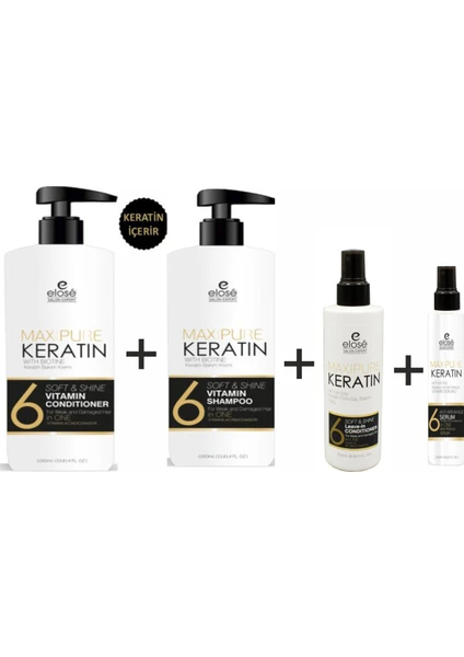 Keratin Şampuan 1000 ml + Keratin Saç Kremi 1000 ml + Bakım Sütü+ Bakım Serumu 125 ml