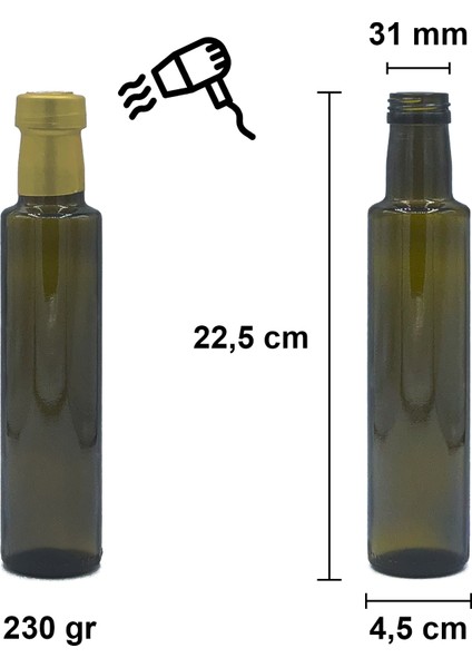 250 cc Yeşil Dorika Kilitli Kapaklı ve Kapüşonlu 250 ml Yuvarlak Cam Şişe 1 Adet