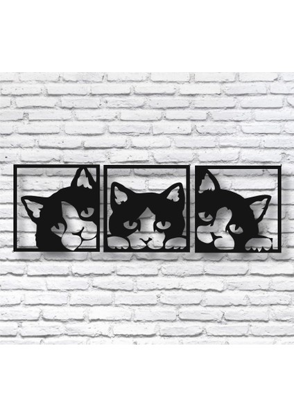 Ahşap Kedi Duvar Tablosu 3 Lü Set