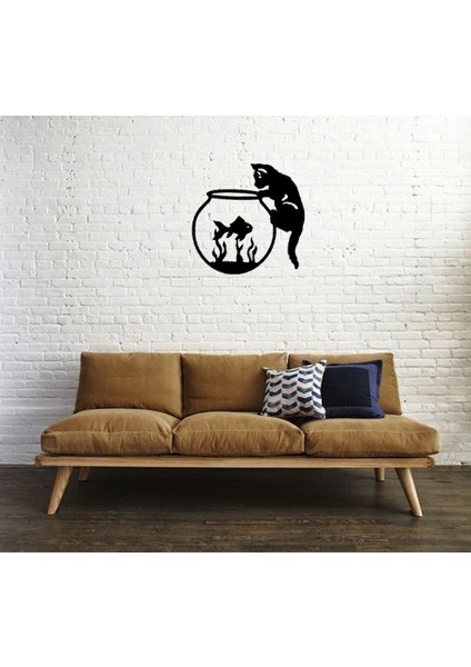 Kedi Balık Fanus Ahşap Duvar Dekoru