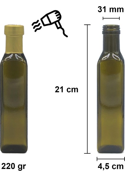 250 cc Yeşil Maraska Kilitli Kapaklı ve Kapüşonlu 250 ml Köşeli Cam Şişe 1 Adet