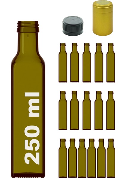 250 cc Yeşil Maraska Kilitli Kapaklı ve Kapüşonlu 250 ml Köşeli Cam Şişe 16 Adet